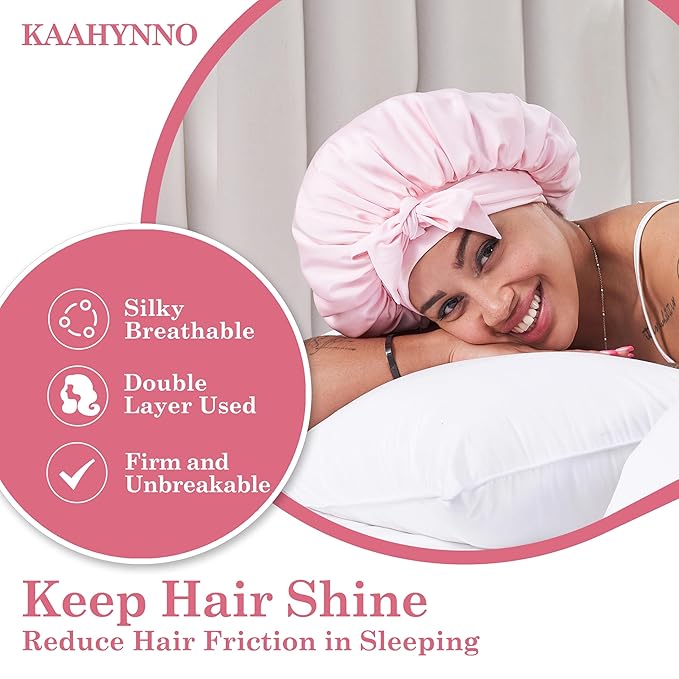 Tie Band Silk Satin Hair Bonnet for Sleeping Women Curly : Sleep Night Wrap Cap for Straight Wavy Coily Kinky Natural Hair Head - Pink