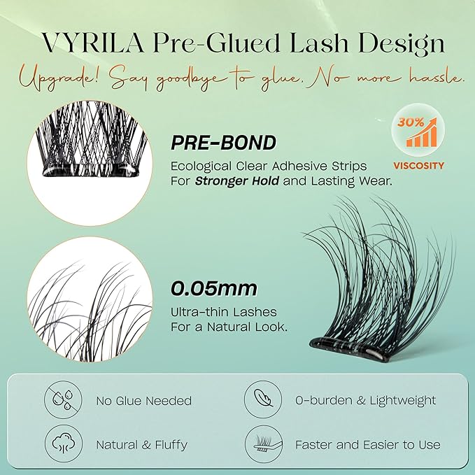 VYRILA Self-Adhesive Lash Cluster, Pre-Glued Clusters with Tweezers, Pop-On Faux Eyelashes, 3D Thin Band D Curl Natural Look Lahses, Easy to Apply, Reusable 0.05mm Eyelash Extensions (Joy-10-16-Kit)