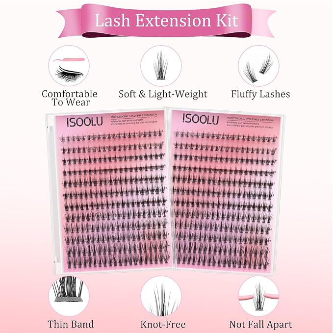 ISOOLU Fairy Lash Clusters Manga Individual Lashes C Curl Wispy Eyelash Clusters WideSpan Eyelash Extension Kit with Lash Bond and Seal Wet-Look Spiky Cluster Lashes (Anime Lash Clusters Kit)