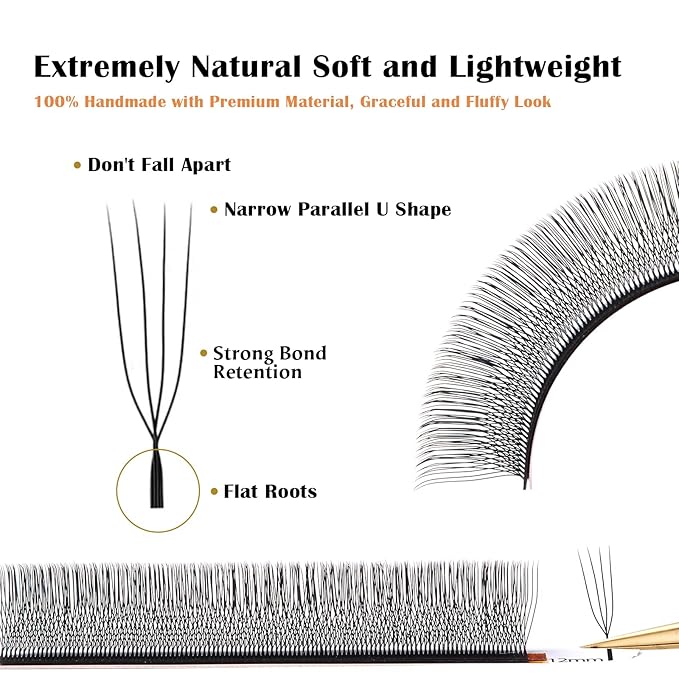 DeceMars 4D U Shaped Eyelash Extension Supplies Easy Fans Russian Volume Crisscross Eyelashes Natural Soft YY Lash Extensions Handwoven Mesh Wispy Clusters Matte Black-0.07mm-M-13mm