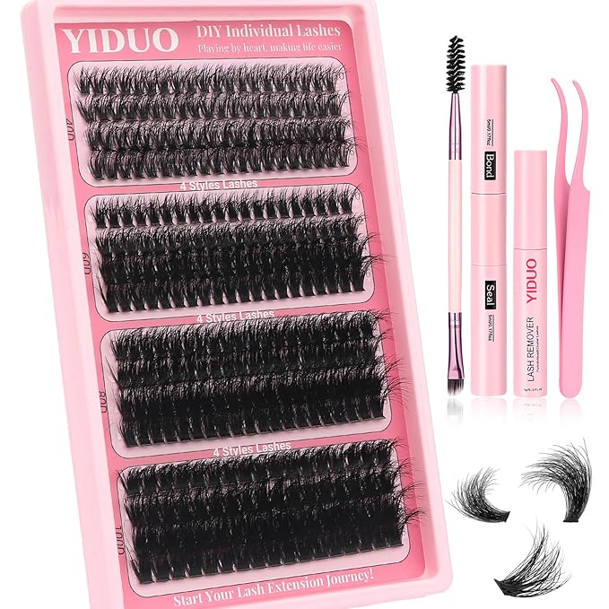 YIDUO Clusters Lashes Kit False Eyelashes Extensions 40D+60D+80D+100D Volume D Curl Wispy Individuals Fake Eyelash, 308Pcs All-in-1 Pack with Glue |Tweezers |Removers |Eyelash & Eyebrow Brush