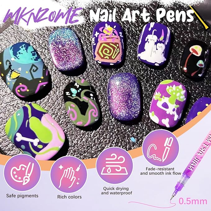 MKNZOME 12 Color Nail Art Pens for Painting Nails, 0.5 MM Nail Polish Pens Drawing Point Liner Painted Pen Kit, Waterproof Quick-drying for DIY Nails Art Design Manicure Tools