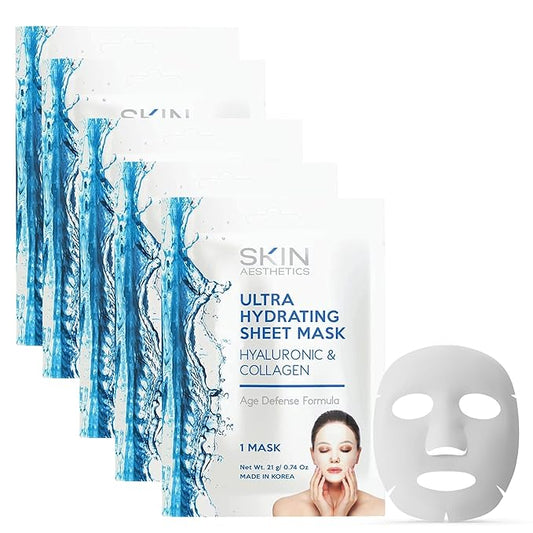 Skin Aesthetics Hyaluronic & Collagen Sheet Face Mask - Skin Firming, Anti-Aging, Moisturizing & Plumping - Dermatologist Tested Korean Skincare - Clean Beauty, Cruelty-Free - 5 Masks