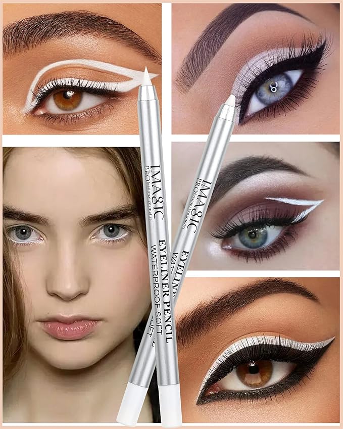 White Waterproof Gel Eyeliner Pens, Highlighter Eye Liner Pencil, Matte Long Lasting Super Smooth formula Eye Liner Eyeshadow Makeup Pen, Polished White Luster, with Pencil Sharpener-1Pcs