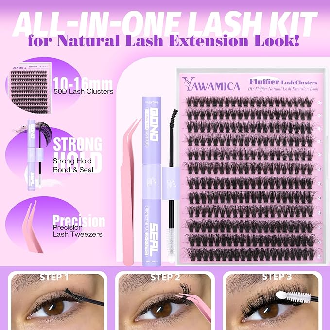 Yawamica Lash Clusters Kit Fluffy Eyelash Extension Kit 10-16mm Eyelash Clusters 50D Volume Individual Lashes 240pcs D Curly Cluster Eyelash Extensions DIY Cluster Lashes with Bond and Seal Tweezers