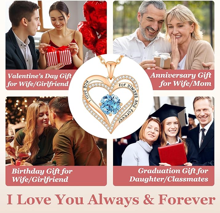 CDE Forever Love Heart Necklaces for Women, Wedding Anniversary, Birthday Mothers Day Christmas Day Gifts for Mom, Mother, Wife, friend, S925 Silver Jewelry with Birthstone Pendant