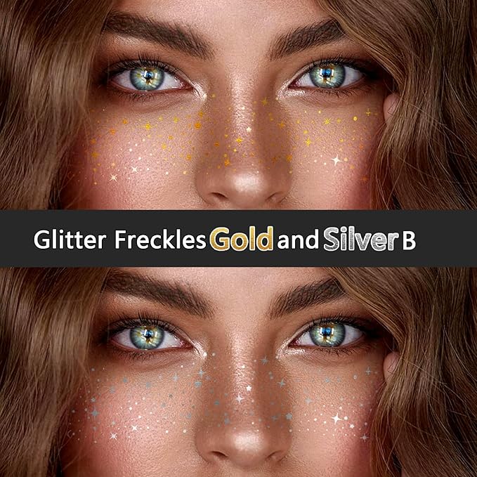 24 PCS Glitter Freckles Face Tattoos, Gold Silver Face Makeup Speckle Patches Freckles, Halloween Tattoos Cosplay Party Makeup Accessories for Women Girl Kids, Cosmetic Glitter for Face
