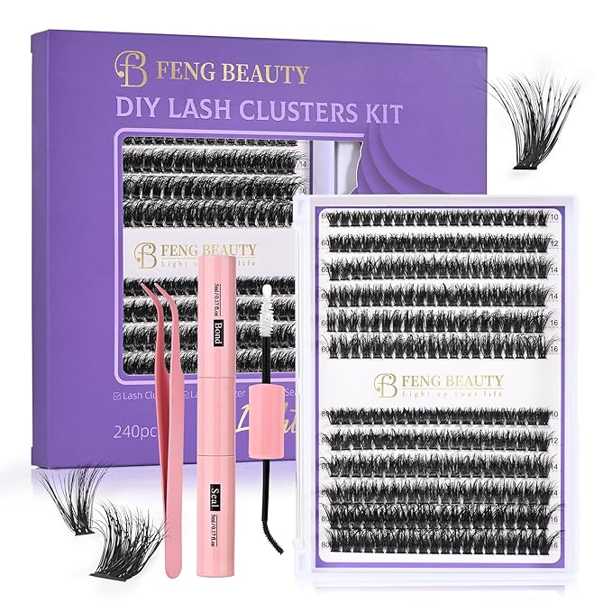 DIY Mega Volume Lash Extension Kit – 240PCS 60D/80D Fluffy Volume Lash Clusters, D Curl Eyelash Clusters with Bond & Seal, Dramatic Wispy Look, 10–16mm Mixed Lengths, Waterproof, Long-Lasting