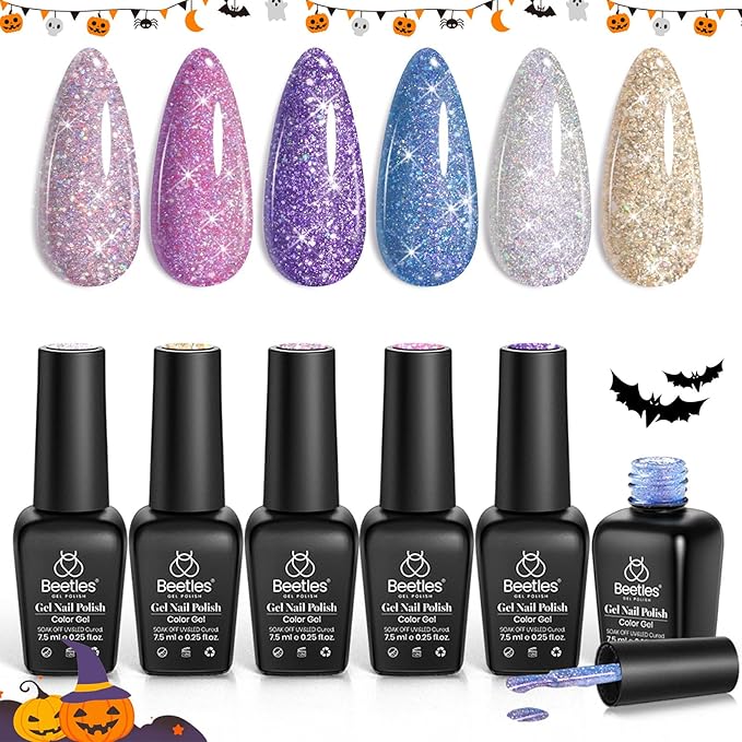 Beetles Reflective Glitter Gel Nail Polish Kit Winter Gel Polish 6 Colors Holographic Sparkle Flash Dimond Sliver Gold Soak Off UV LED Manicure Gift for Women Girls Midnight Sparkling