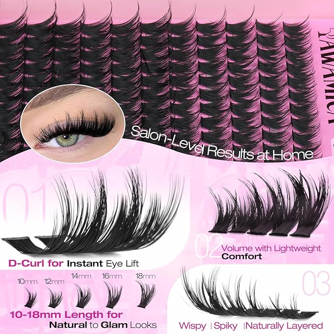 Wispy Lash Clusters DIY Lash Extensions D Curl 10–18mm Eyelash Clusters Spiky Volume Cluster Eyelash Extensions 280PCS Cluster Lashes Natural to Glam Look At-Home Lash Extension Look by Yawamica