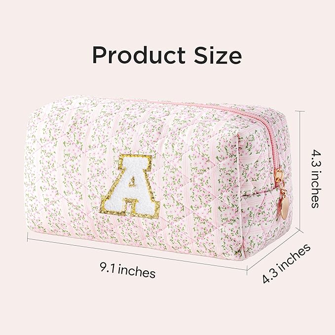 HBselect Initial Makeup Bag for Women, Pink Cosmetic Travel Toiletry Bag, Flowers Zipper Make Up Pouch Organizer Teen Girl Gifts Trendy Stuff A