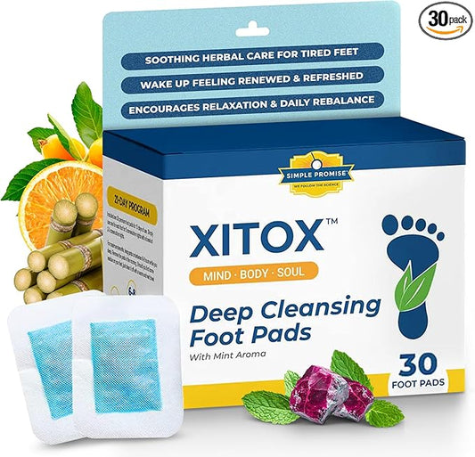 Simple Promise - Xitox Deep Cleansing Foot Pads - Supports Restful Sleep & Helps Remove Tension - Natural Herbal Ingredients for Feet - Comfortable Adhesive & Easy Peel - 30 Foot Patches - Mint Aroma