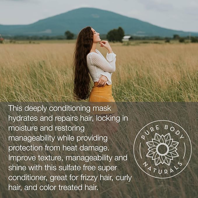 Pure Body Naturals Coconut Oil Hair Mask, Deep Conditioning Hair Treatment for Dry Damaged and Color Treated Hair, Sulfate Free Hair Conditioner, Moisturizes, Repairs, 8.8 Fl Oz