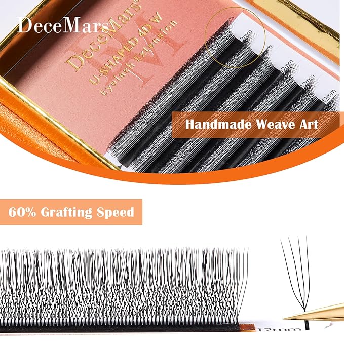 DeceMars 4D U Shaped Eyelash Extensions Supplies Easy Fans Russian Volume Crisscross Eyelashes Natural Soft YY Lash Extensions Handwoven Mesh Wispy Clusters Matte Black-0.07mm-dd-14mm