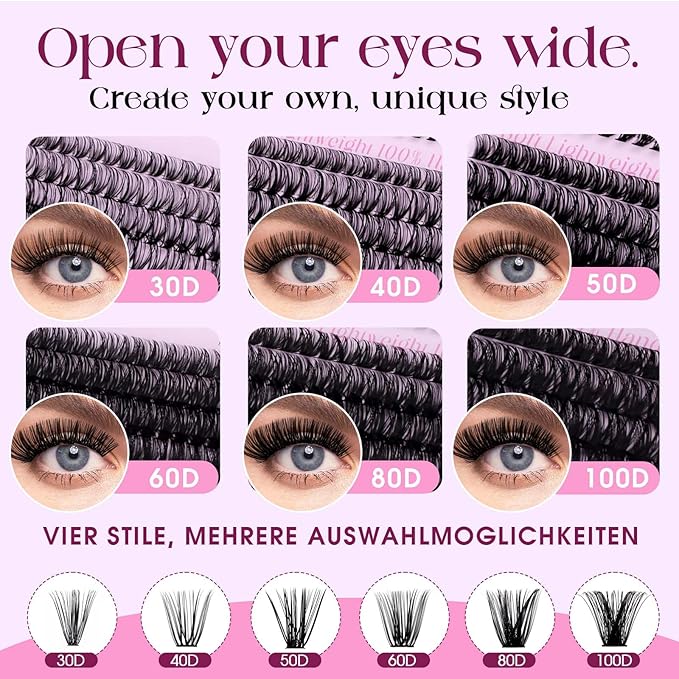 Lash Clusters Kit 30D+40D+50D+60D+80D+100D Wispy Individual Lashes Kit C-Curly Volume Lash Extensions 10-16mm Natural DIY Cluster Lashes Kit for Beginners