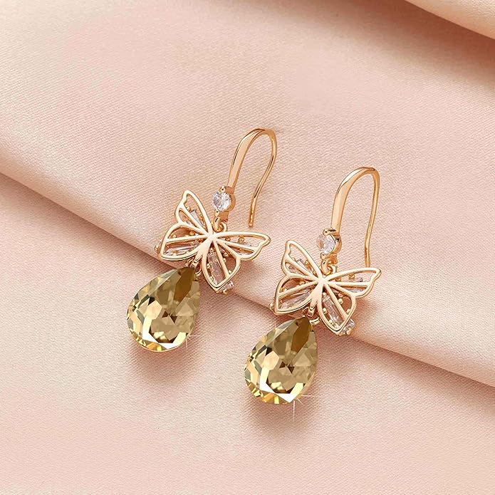 Austrian Crystal Teardrop Butterfly Drop Dangle Earrings for Women 14K Rose Gold Plated Hypoallergenic Jewelry