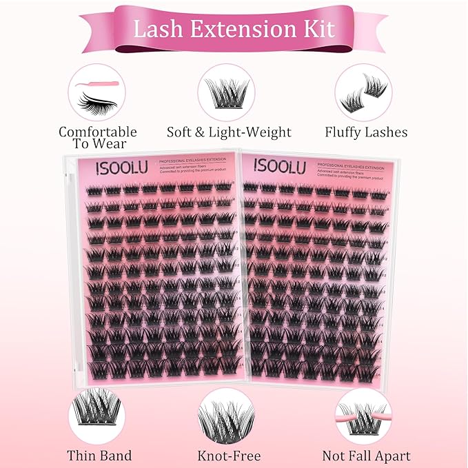 ISOOLU Fairy Lash Clusters Manga Individual Lashes C Curl Wispy Eyelash Clusters WideSpan Eyelash Extension Kit with Lash Bond and Seal Wet-Look Spiky Cluster Lashes (ZH14 Kit)