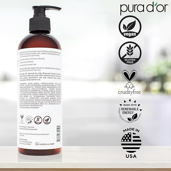 PURA D'OR 16 Oz Moisture Renew Hand & Body Cream – Ultra-Hydrating Daily Moisturizer with Organic Aloe Vera, Argan Oil & Shea Butter, Fast-Absorbing Formula for Dry, Sensitive Skin, Non-Greasy