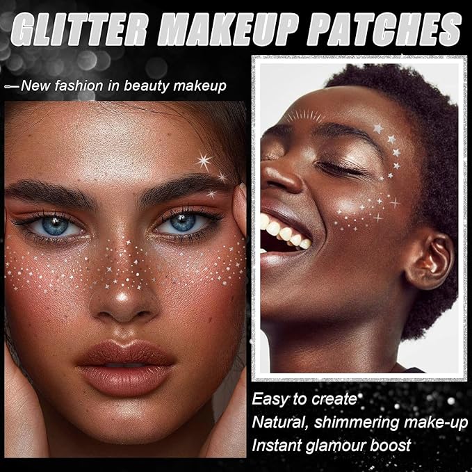 20 Pcs Face Makeup Patches, Glitter Freckles Face Tattoo for Teenagers & Young Women, Sparkle Freckles Makeup Patches, Waterproof Face Glitter Freckles for Christmas (Silver)