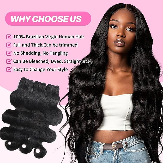 12A Body Wave Human Hair 28 30 32 Inch 100% Unprocessed Brazilian Virgin Human Hair 3 Bundles Real Natural Black Human Hair Extensions Quick Weave