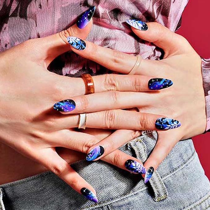 GLAMERMAID Ombre Press on Nails Medium Almond, Black Purple Gothic Fake Crush Nails, Stiletto Fake Nails, Short Oval Stick Glue on Nails Tips for Women, Reusable Acrylic False Nail Kits