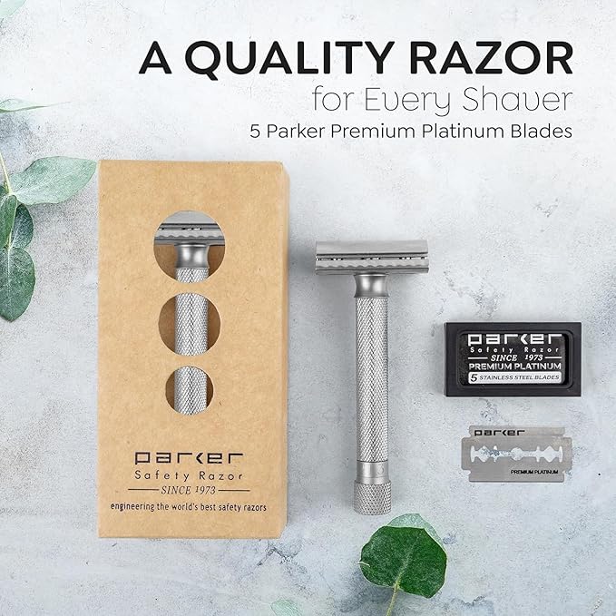 Parker THE VARIANT CLOSED COMB - ADJUSTABLE Double Edge Safety Razor, Customize your Shave with a Turn of the Dial from Mild to Aggressive - 5 Blades Included (SATIN CHROME)