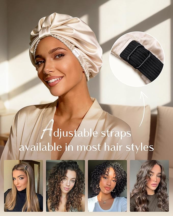 YANIBEST Adjustable Satin Bonnet for Sleeping with Elastic Band, Double Layer Hair Wrap for Natural Curly Hair, Reduce Frizz