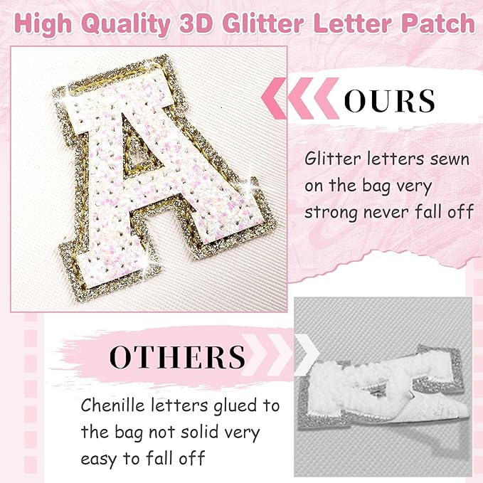 Small Initial Patch Makeup Bag Personalized Gifts Make Up Bag,White Cute PU Leather Glitter Letter Cosmetic Bag with Zipper,Trendy Portable Travel Toiletry Pouch,Preppy Stuff for Teen Girls Women B