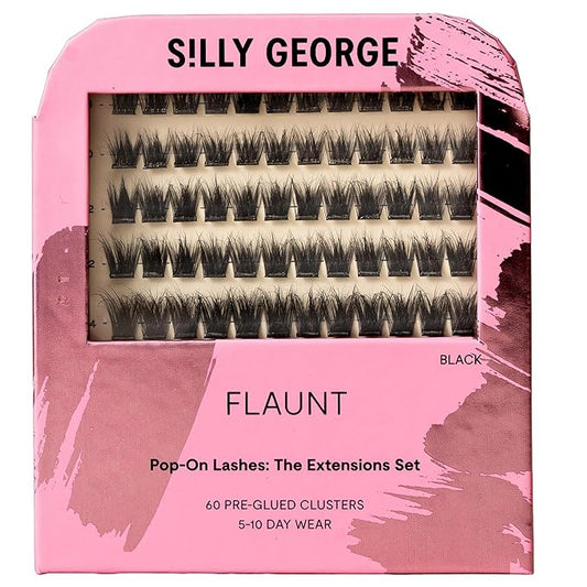 Silly George Pop-On Lashes - DIY 1-Step Pre-Glued Faux Eyelash Clusters, Natural Look Extensions, Black - Flaunt, 5-7 Pair Set, Pack of 60 Clusters