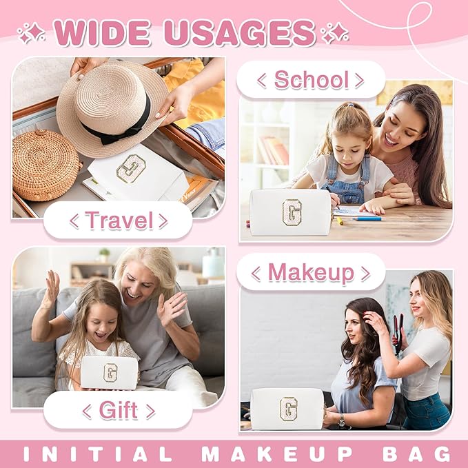 Small Initial Patch Makeup Bag Personalized Gifts Make Up Bag,White Cute PU Leather Glitter Letter Cosmetic Bag with Zipper,Trendy Portable Travel Toiletry Pouch,Preppy Stuff for Teen Girls Women G