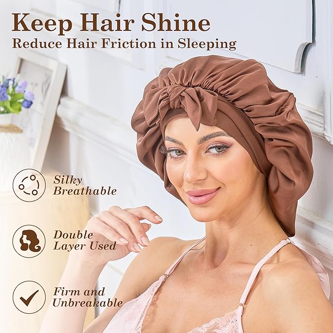 Silk Satin Bonnet for Sleeping Hair: Women Sleep Night Wrap Cap for Straight Wavy Curly Coily Kinky Natural Hair Head by Tie Band - Coffee + Gold
