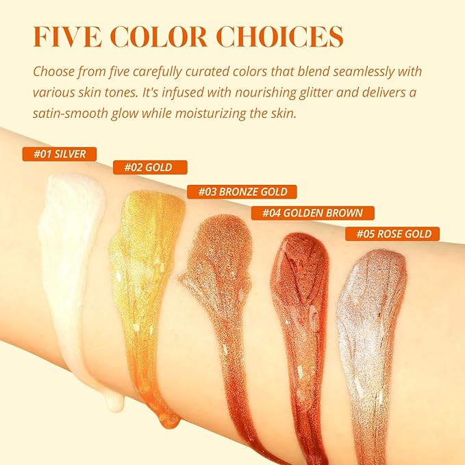 Liyalan Shimmer Body Oil Rose Gold Color 1.0 fl.oz Face Glow Pearl Highlighter Illuminator Long-Lasting Shine Glitter Liquid Tanning with Makeup Brush
