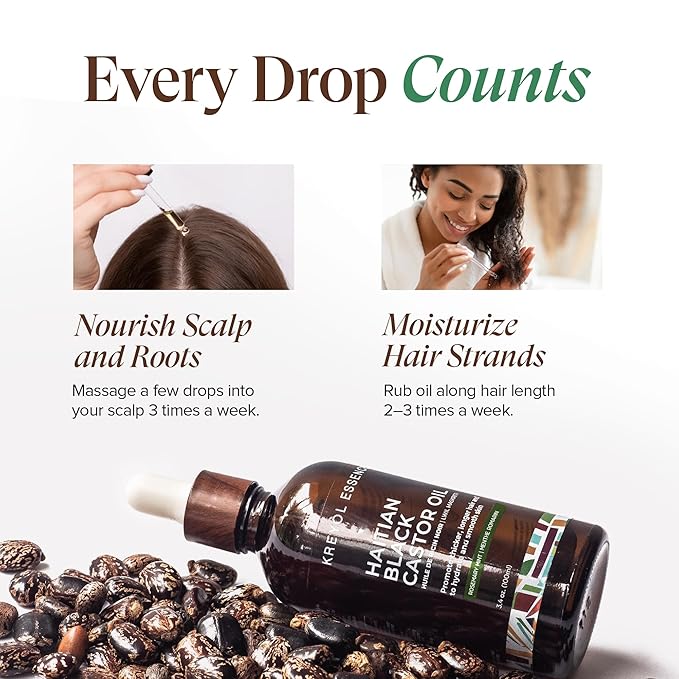 Kreyol Essence - Haitian Black Castor Oil for Skin and Hair, Glass Bottle - Cold Pressed Castor Oil, Fuller-Looking Hair, Hexane Free, Natural Humectant | 3.4 Fl Oz | Rosemary Peppermint