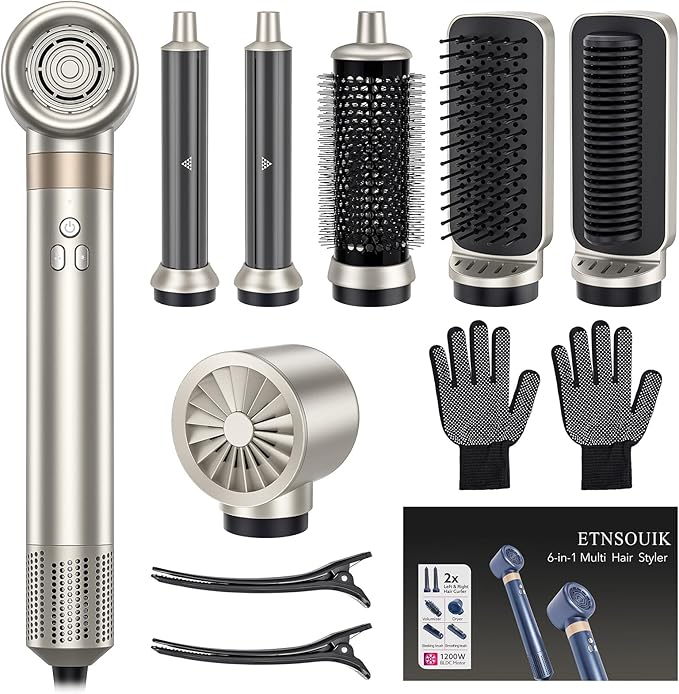 6-in-1 Hair Styler, Hair Dryer, Multi-Function Hot Air Brush Set, Ionic Blow Dryer with Interchangeable Attachments for Curling, Straightening, Volumizing, Gift for Women(Champagne Gold)
