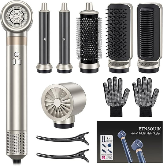 6-in-1 Hair Styler, Hair Dryer, Multi-Function Hot Air Brush Set, Ionic Blow Dryer with Interchangeable Attachments for Curling, Straightening, Volumizing, Gift for Women(Champagne Gold)