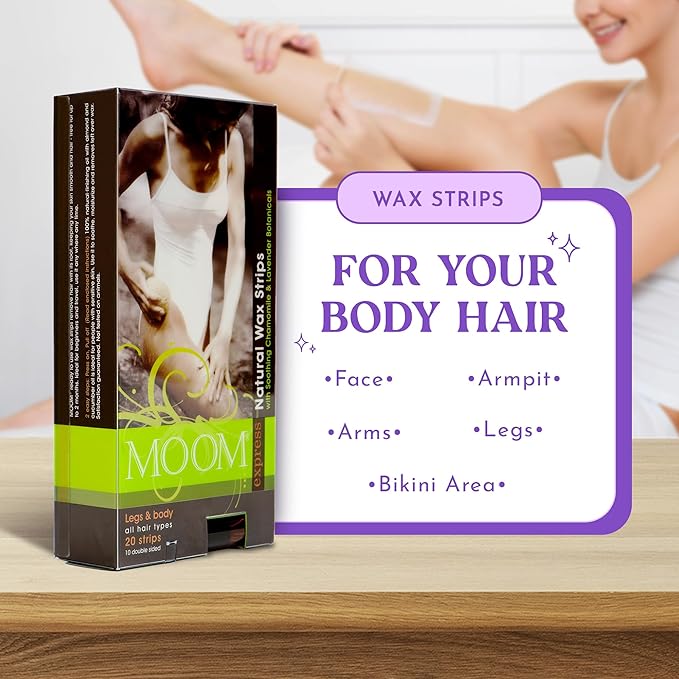 MOOM Express Wax Strips with Chamomile & Lavender, Hair Removal Kit with Finishing Oil – Legs, Bikini, Face & Body, 10 Double-Sided Strips (1 Pack), 20 Count