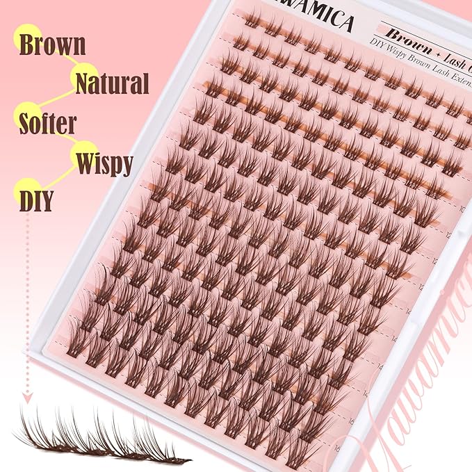 Brown Lash Clusters Wispy Eyelash Clusters Natural Brown Lashes 8-16mm Cluster Eyelash Extensions C Curl Individual Lashes DIY Lash Extension at Home by Yawamica