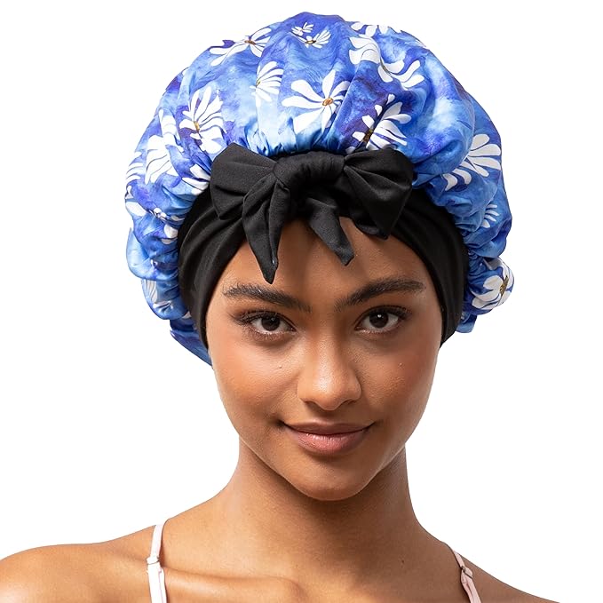 Tie Band Silk Satin Bonnet for Sleeping Hair: Women Sleep Night Wrap Cap for Straight Wavy Curly Coily Kinky Natural Hair Head - Daisy