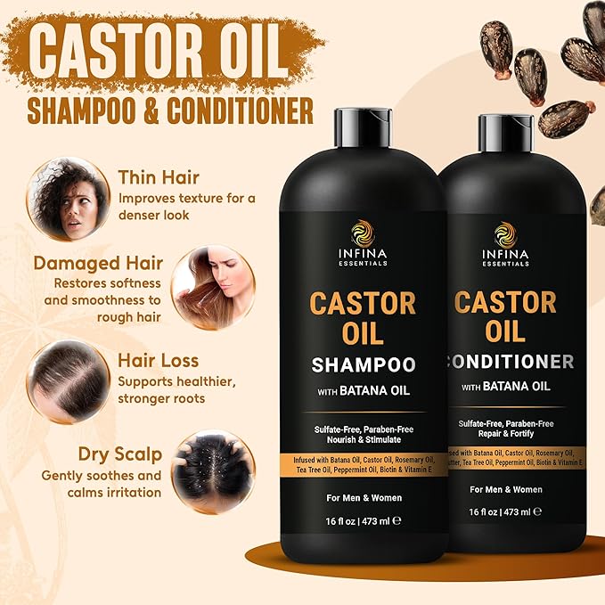 INFINA ESSENTIALS Castor Oil Shampoo and Conditioner Set | 16 fl oz Each | with Batana Oil | Strengthening, Thickening & Hydrating Formula | Supports Hair Growth & Fuller, Healthier Hair