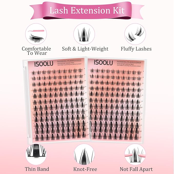 ISOOLU Fairy Lash Clusters Manga Individual Lashes C Curl Wispy Eyelash Clusters WideSpan Eyelash Extension Kit with Lash Bond and Seal Wet-Look Spiky Cluster Lashes (ZH03 Kit)