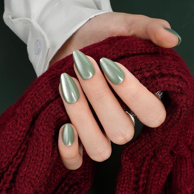 Canvalite Press On Nails Short Almond, 30Pcs Cat Eye Press on Nails Reusable Acrylic Fake Nails with Glue & Glue Remover Easy to Use Manicure Kit for Women, Green