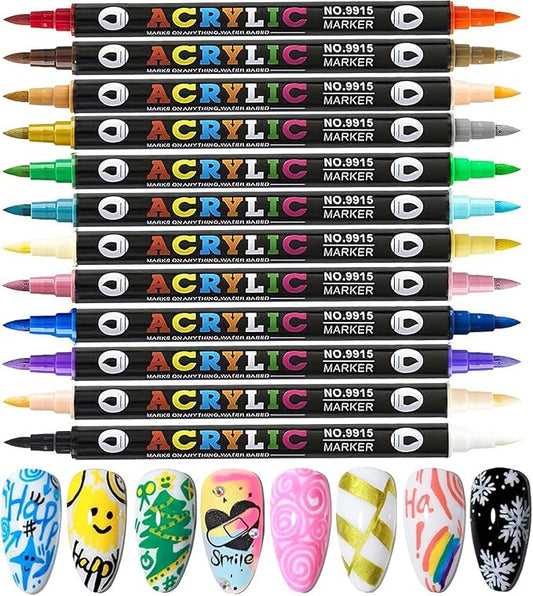 24 Colors Dual-Ended Nail Art Pens Set, 3D Acrylic Nail Polish Pens Quick-Dry Acrylic Markers & Nail Art Markers, Dotting Liner Brush for DIY Nail Design, Home & Salon Manicure Tools