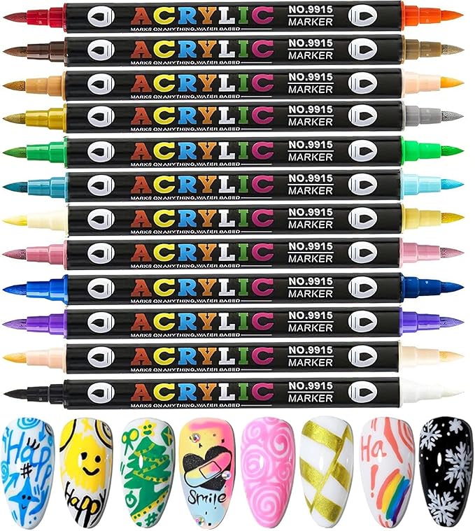 24 Colors Dual-Ended Nail Art Pens Set, 3D Acrylic Nail Polish Pens Quick-Dry Acrylic Markers & Nail Art Markers for Painting Nails, DIY Nail Pens for Nail Art, Home & Salon Use