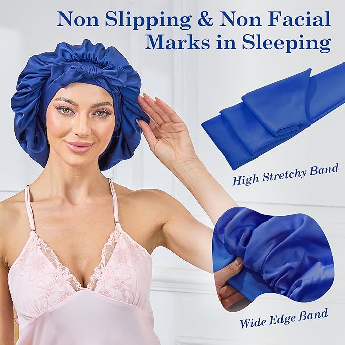 Silk Satin Bonnet for Sleeping Hair: Women Sleep Night Wrap Cap for Straight Wavy Curly Coily Kinky Natural Hair Head by Tie Band - Navy + Sky Blue