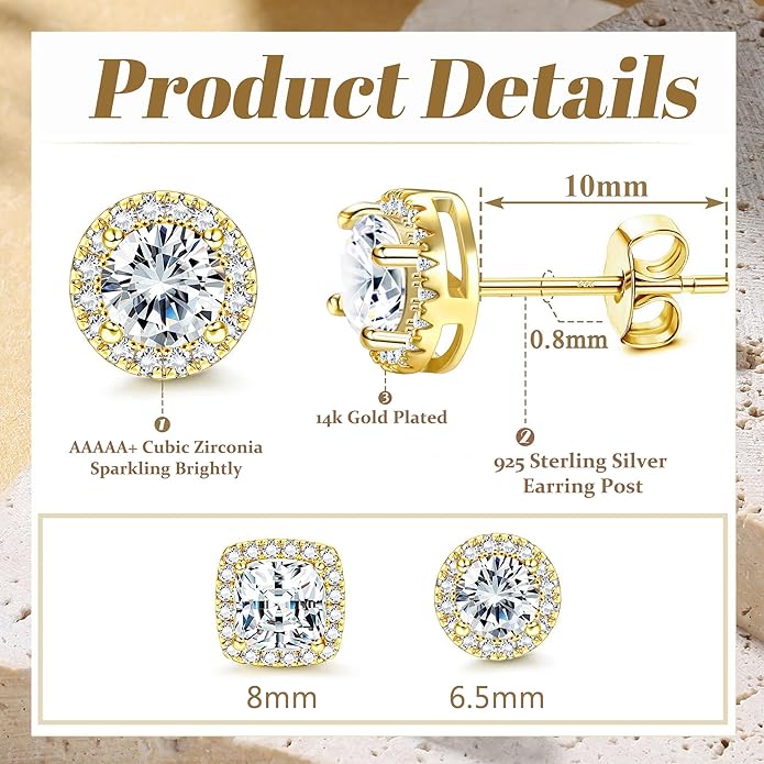 Hayoso 18K Gold Plated Halo Stud Earrings 925 Sterling Silver Cubic Zirconia Stud Earrings Round Square Diamonique Stud Earrings Set for Women Men