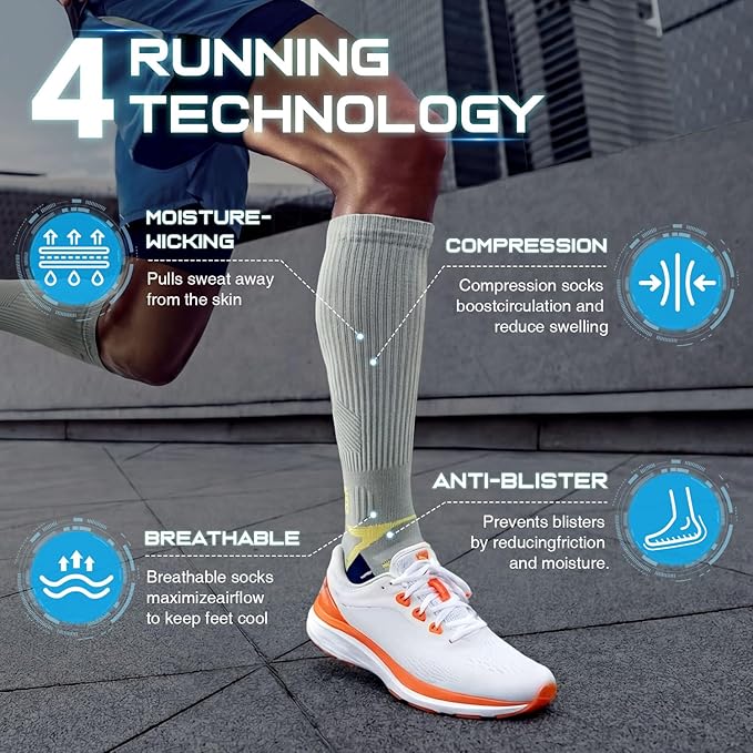 Rahhint Coolmax 20-30 mmHg Compression Running Socks, Long Distance Anti Blister Cushion Moisture Wicking Tall Athletic Socks