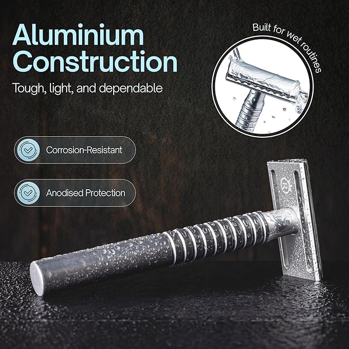 Reggie’s Razors Jupiter Aluminum Safety Razor for Men - Double Edge Shaving Razor, CNC-Machined - Made in UK - Aerospace Grade, Textured Grip, Suitable All Skin Types - Includes 10 Blades - Silver