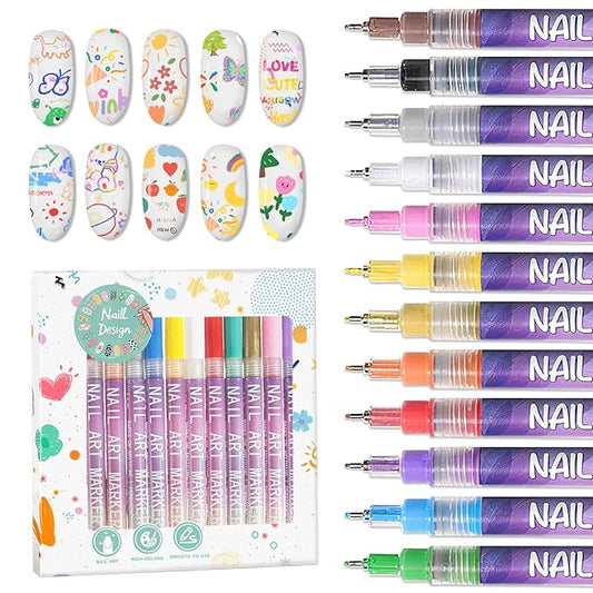 IONSGAKO 12 Colors Nail Art Pens Set, Nail Polish Pens for Nail Art Quick Drying 3D Acrylic Paint Markers for Painting Dotting Liner Pen Nail Salon DIY Design Kit 0.5mm