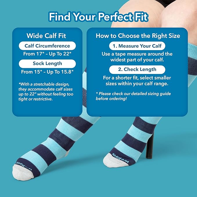 Wellow Wide Calf Compression Socks, Knee High Support, Fit for Men & Women, 18-25 mmHg, Made with Viscose from Bamboo
