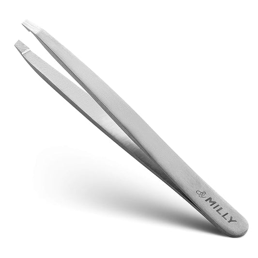 By MILLY Professional Slanted Tweezers for Women & Men | High Carbon Stainless Steel Sharp Tweezer | Tweezers for Women Facial Hair Plucking, Hand-Filed & Aligned Precision Slant Tips - Silver